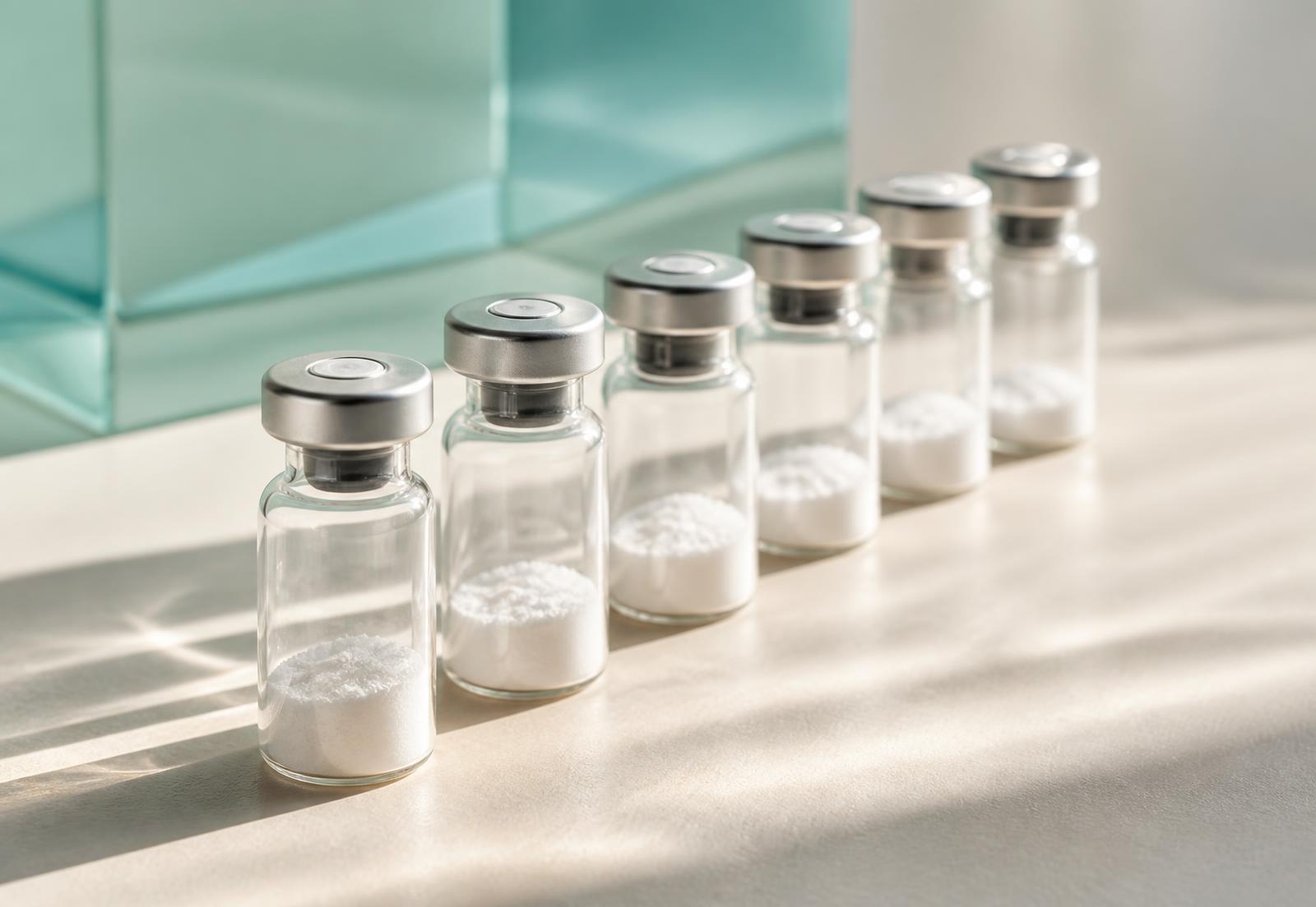 Row of lyophilised research peptide vials in laboratory daylight